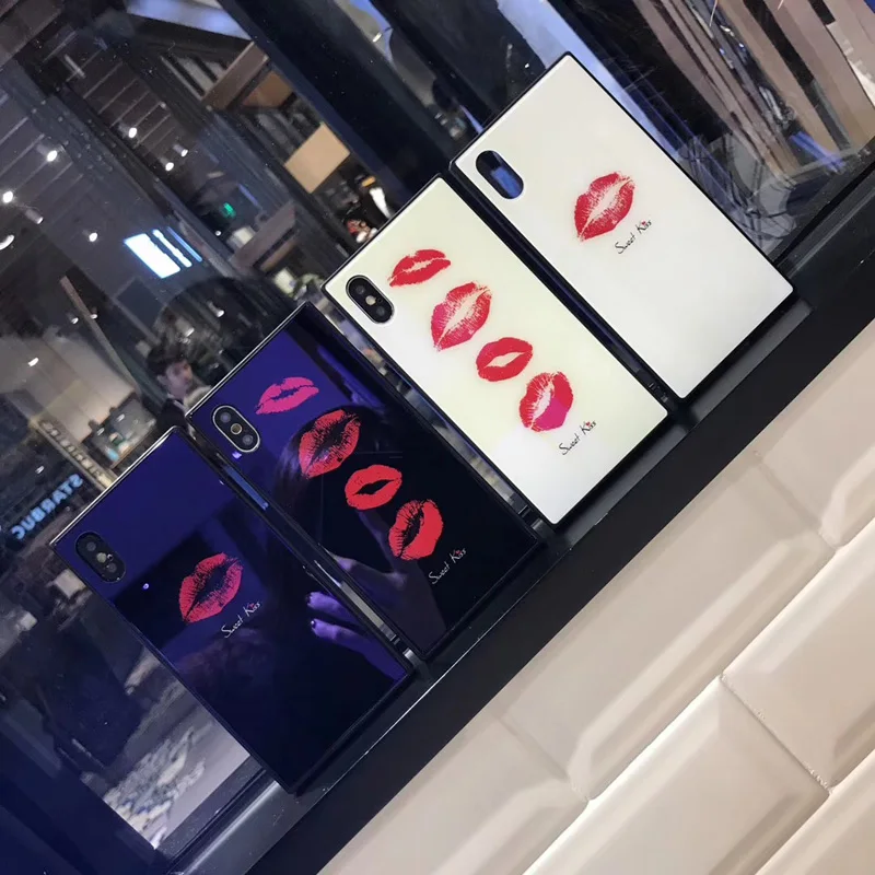 Квадратное закаленное стекло чехол для телефона iphoneX 8 8plus Blue Ray Red Lips стеклянный