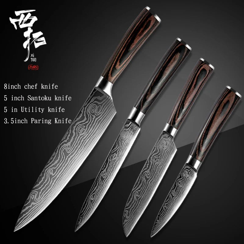4PCS-B XITUO кухонный нож шеф-повара обвалочный нож японский нож для очистки овощей сантоку лазерный дамасский узор цветная деревянная ручка кухонный инструмент - Цвет: 4PCS-B