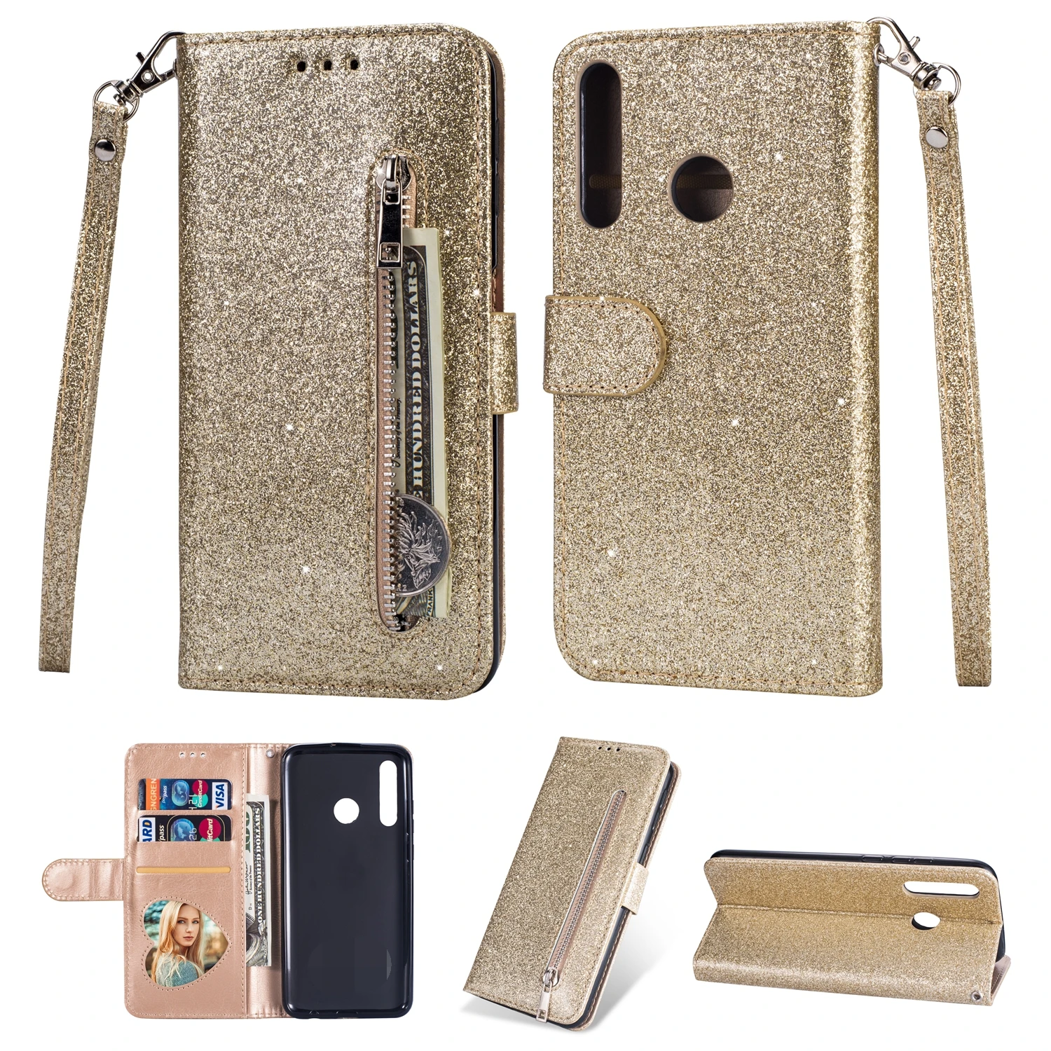 Gold Шикарный чехол для samsung Galaxy A70 A50 A40 A30 A20 A10 M10 M20 M30, кожаный откидной кошелек на молнии, держатель для карт, чехол для телефона - Цвет: Gold