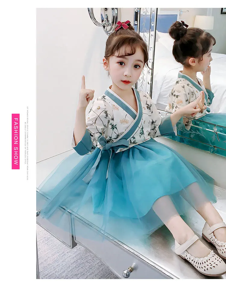 Hanfu/комплект одежды для девочек, коллекция года, новое весеннее детское пышное платье принцессы с длинными рукавами+ пальто, костюмы из 2 предметов для девочек, китайский style2-10T
