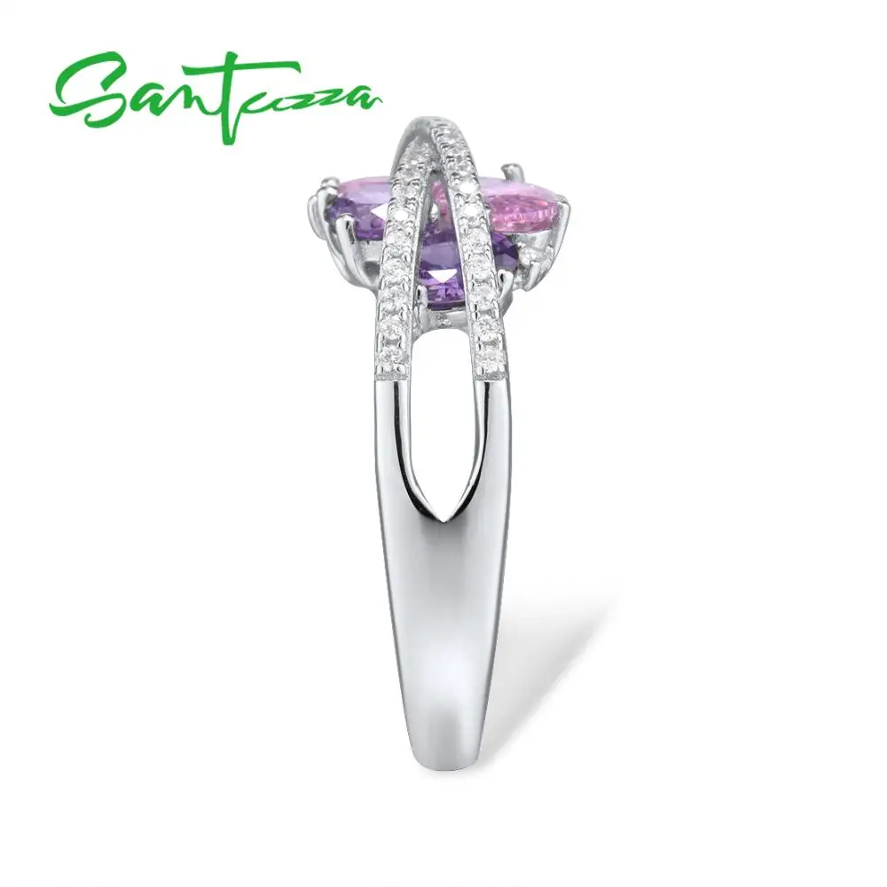 Серебряные кольца SANTUZZA для женщин из натуральной 925 пробы, переливающиеся аметист, розовый кубический цирконий, модные роскошные ювелирные изделия