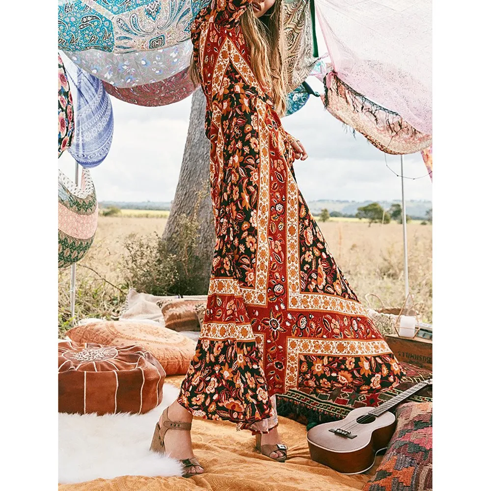 Винтажное платье макси с золотым принтом женское элегантное свободное Бохо С