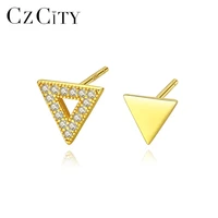 czcity korean asymmetric triangle zircon stud earrings for women unique design 925 sterling silver earrings brand fine jewelry