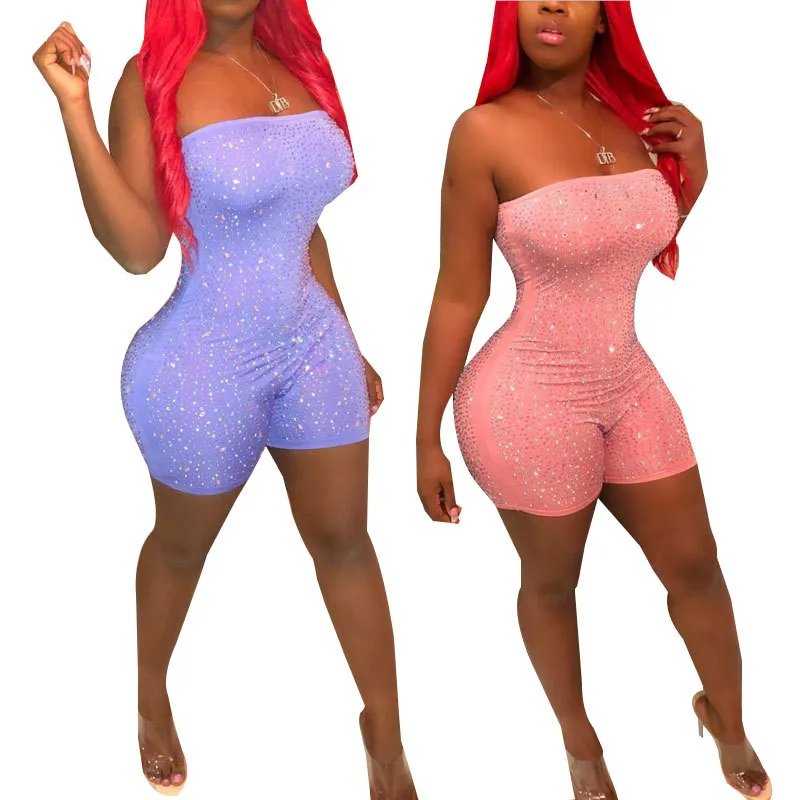 

Sexy Rompers Womens Jumpsuit Party Clubwear Strapless Sparkly Rhinestone Bodysuit Pink Bodycon Bandage Jumpsuit Short Playsuit