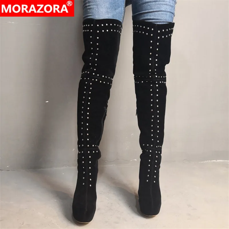 MORAZORA/2020 Новое поступление Сапоги выше колена Женские осенние высокие сапоги с