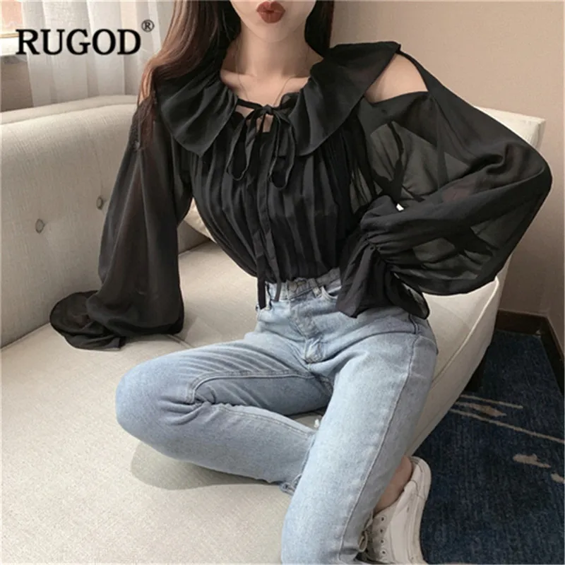 RUGOD Korena стильные рубашки с рюшами на шее женские офисные шифоновые длинным
