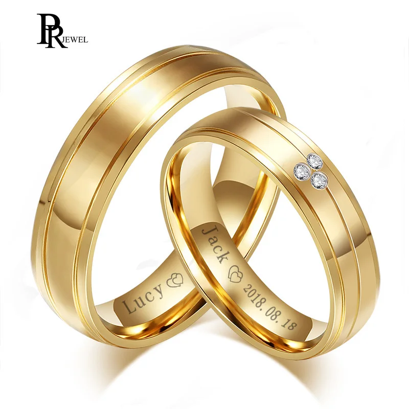 

Gold Tone Wedding Bands Rings for Women Men Free Engraving Name Date Love Stainless Steel Alliance Promise Dating Gifts