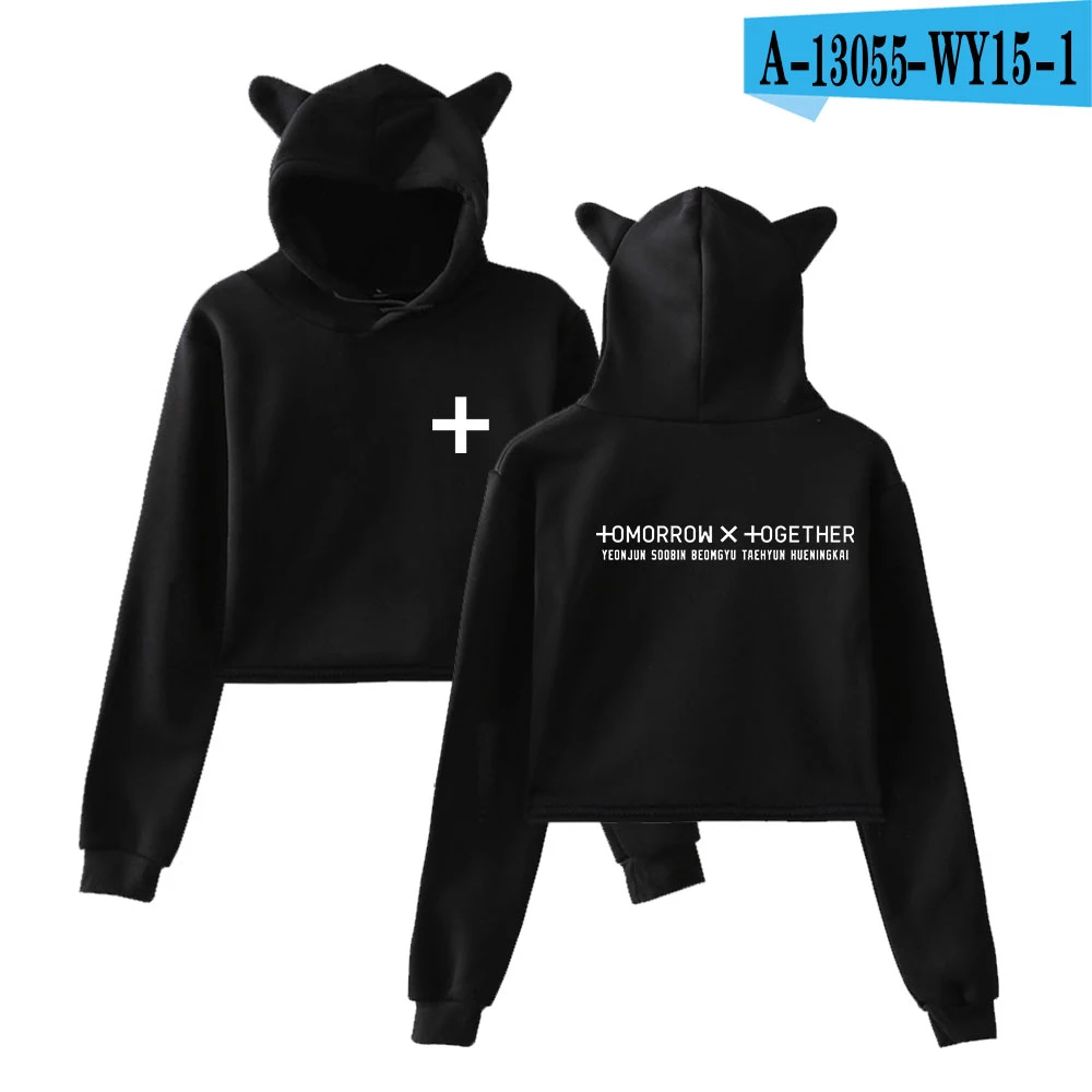 TXT Tomorrow X Together толстовки с кошачьими ушками женские модные толстовки с капюшоном с длинными рукавами горячая Распродажа Kpop повседневные сексуальные толстовки - Цвет: Black
