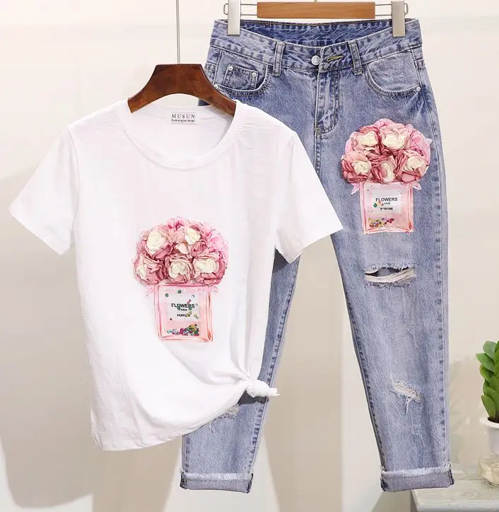 White Set Amolapha, женская футболка с коротким рукавом, расшитая блестками, с рисунком флаконов духов, 3D цветов+ укороченные джинсы, комплект одежды из 2 предметов - Цвет: White Set
