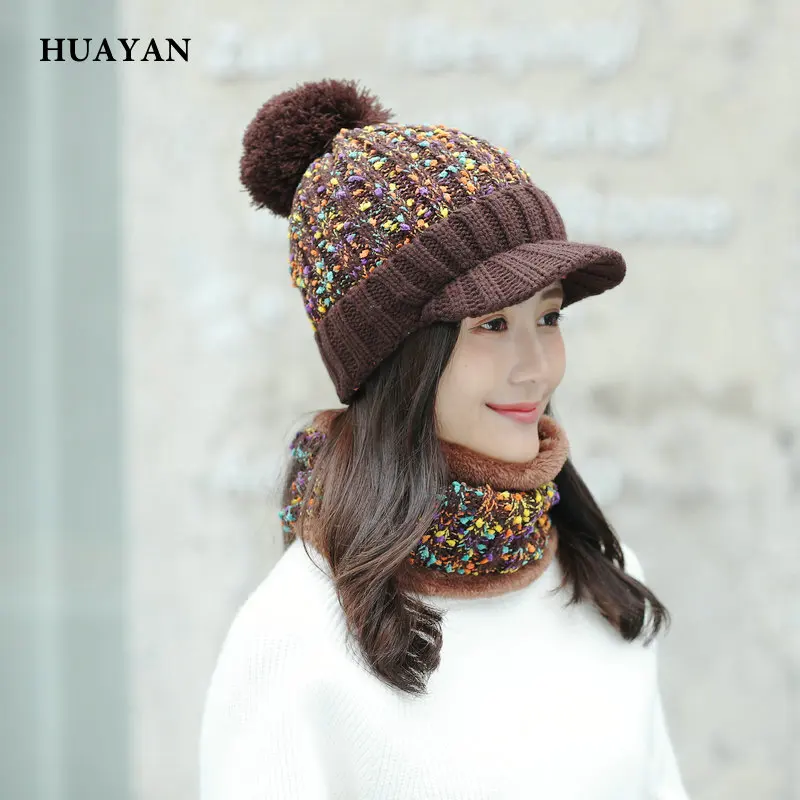 

HUAYAN Ring Scarf Brim Hat For women Beanie Winter Warm Good Quality Scarves Knitted Caps Scarves Sets