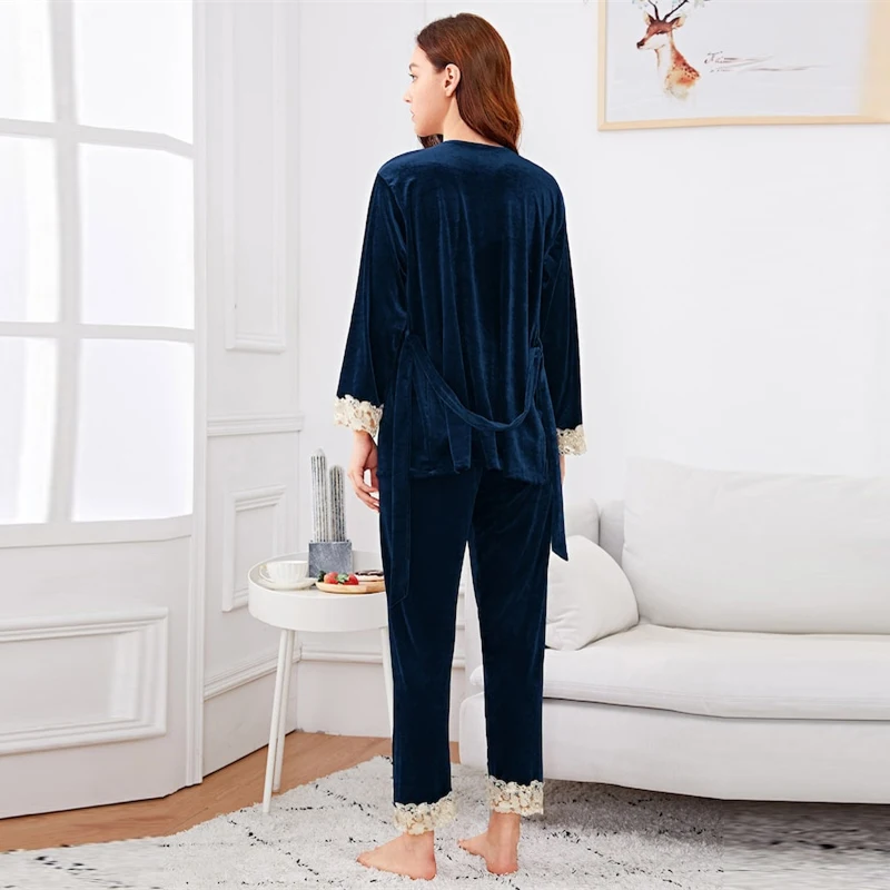 SHEIN Комплект Пижамы Из 3 Предметов, Пижама С Кружевной Контрастной Отделкой