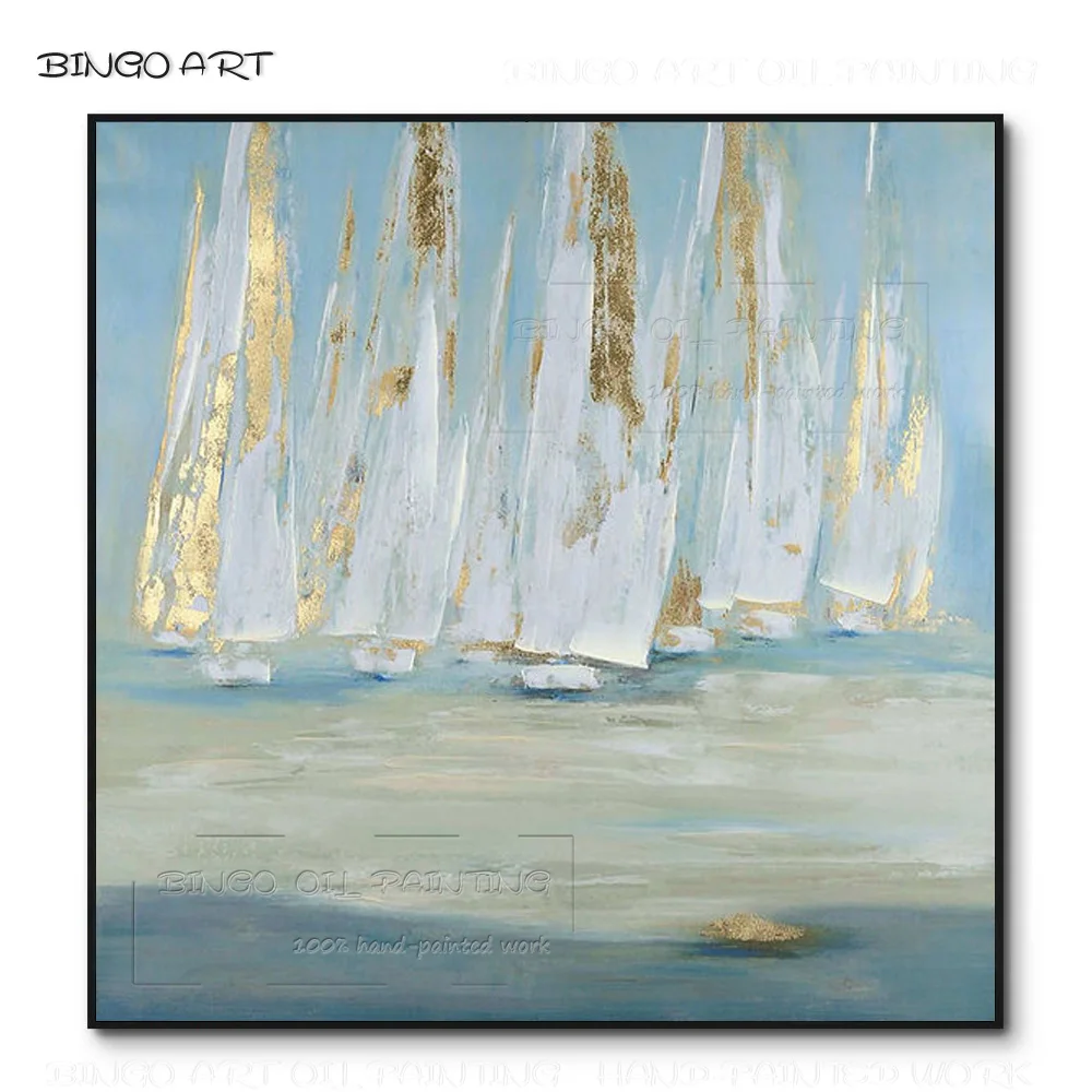 

Skilled Artist Hand-painted High Quality Beautiful Landscape Boat Oil Painting on Canvas Fine Art Gold Foil Boats Oil Painting