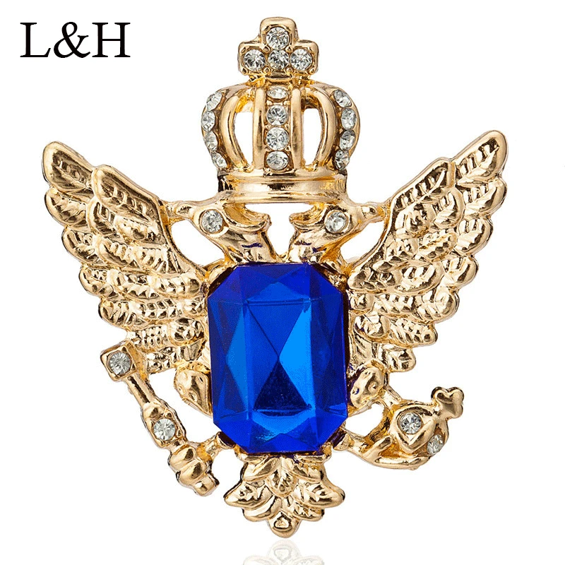 

Vintage Crown Eagle Wing Pattern Collar Brooch Pin Luxury Blue Crystal Medal Spurs Needle Brooches For Women Men Suit Decor
