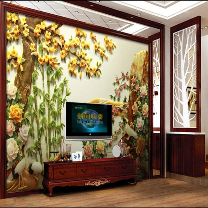 Пользовательские 3d обои Нефритовая Резьба цветы богатые росписи диван гостиная