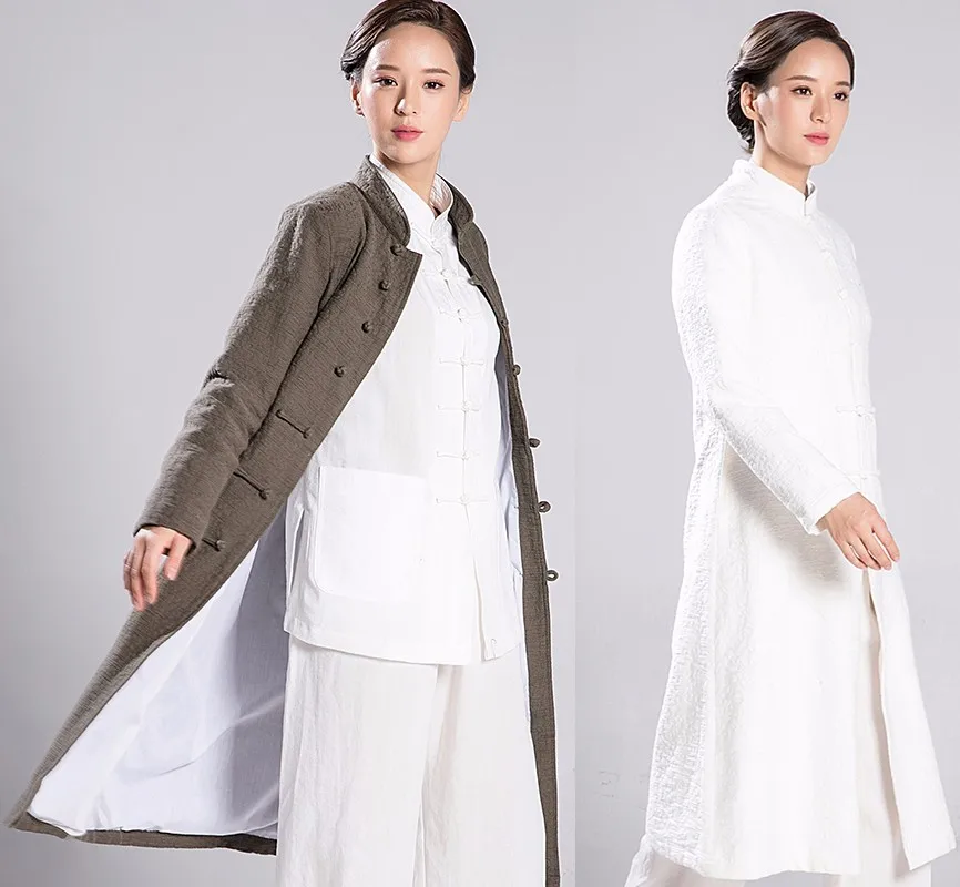 2018 New Woman And Man Thick Linen Long Coat Kung Fu Clothes Overcoat Long Fund Windproof Robe