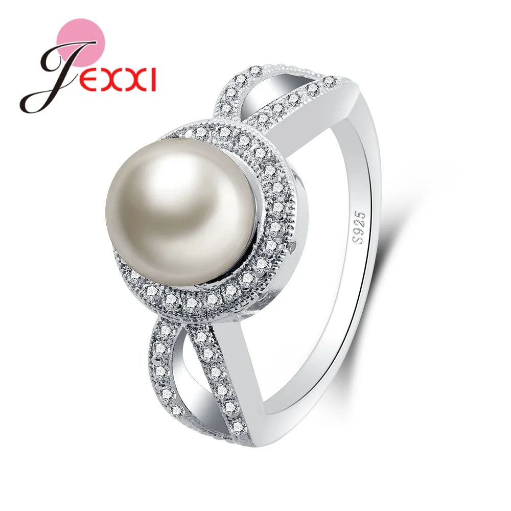 

Hot Sale Women Female Party Wedding Jewelry 925 Sterling Silver Geometric Ring With Big Round Pearl High Quality