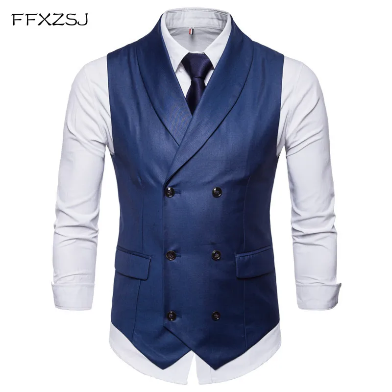 

FFXZSJNew Style Double-Breasted Vintage Suit Vests for Men Slim Men Gilet Wedding Waistcoats Colete Homem Sleeveless Dress Vests