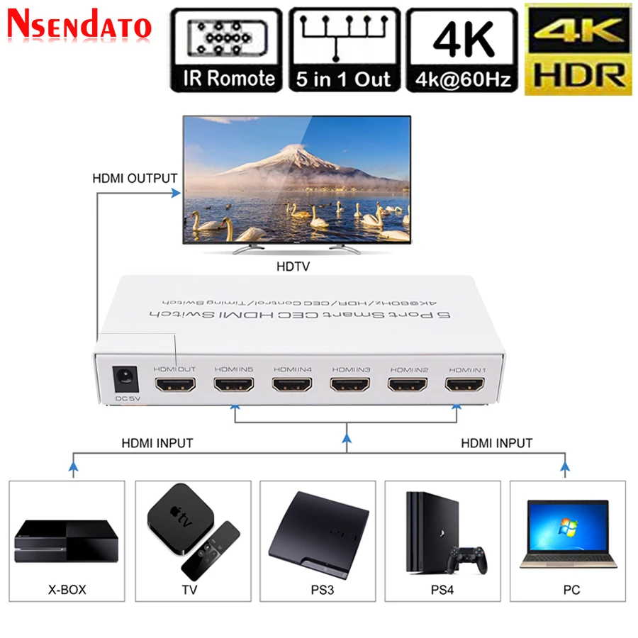 4K * 2k 5 в 1 выход HDR HDMI адаптер переключатель портов Smart CEC таймер с IR Romote для Dolby DTS HD