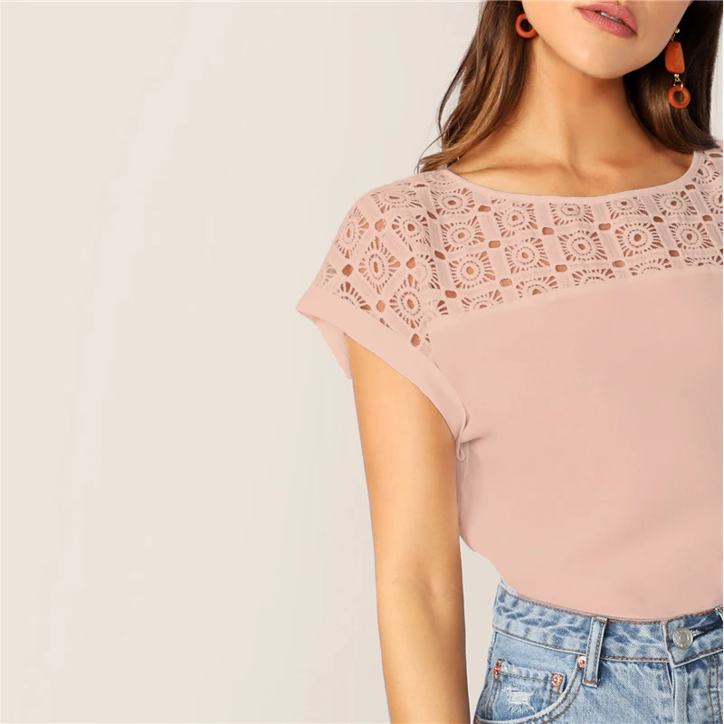 SHEIN белая гипюровая кружевная хомут с закатывающимися рукавами туника топ открытая блузка женская летняя элегантная Офисная Женская рабочая одежда Топ Блузки