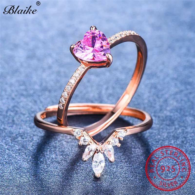 Blaike 925 пробы Серебряное кольцо комплект милый розовый сапфир камень свадебные