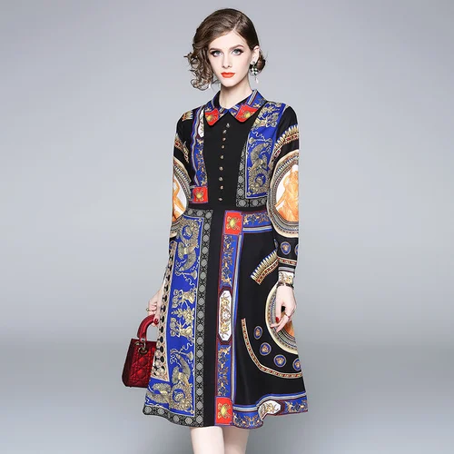 Женское платье с длинным рукавом Осеннее винтажное принтом в Европейском стиле