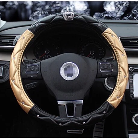 Black with Gold Хрустальная корона, Женская оплетка для рулевого колеса, роскошная Алмазная искусственная кожа, чехол для рулевого колеса, диаметр 38 см, для kia ceed - Название цвета: Black with Gold