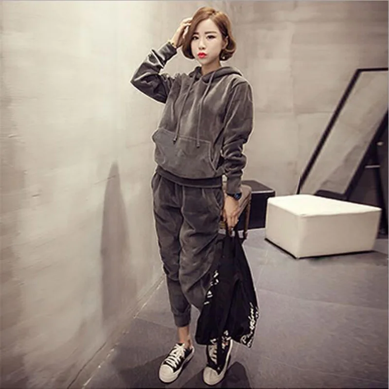 Осенне зимний женский спортивный костюм из двух частей 2017 модные бархатные