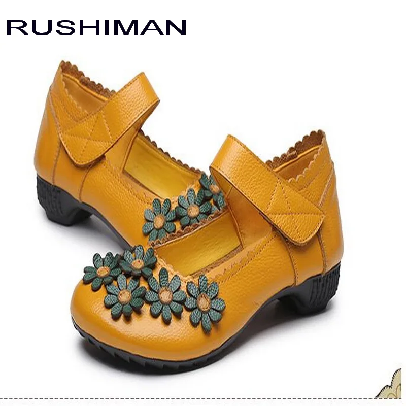 RUSHIMAN 2021 Spring New Handmade Genuine Leather Single Shoes Soft Casual  Yellow Shoes Women Flats Mother Shoes Size 35-40
