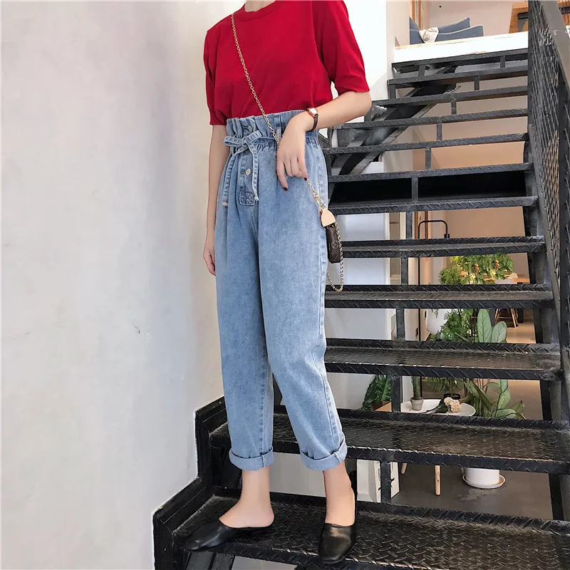 S XL 2018 корейский стиль осенняя бумажная сумка талия брюки высокая джинсы женские