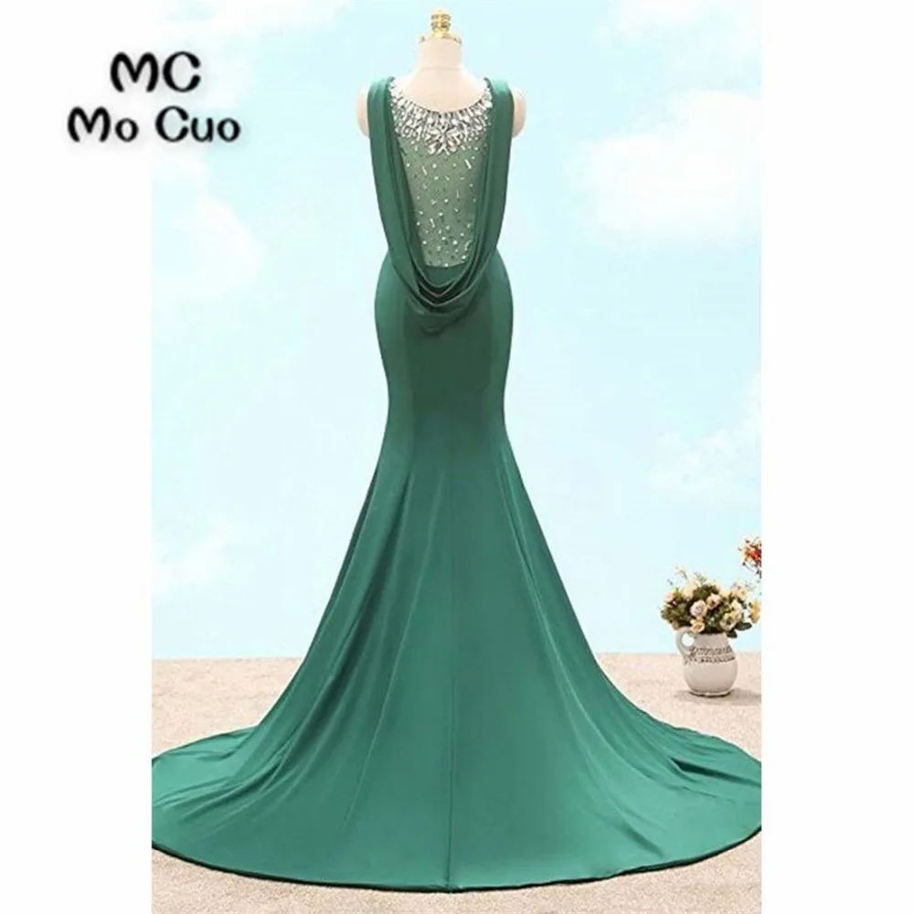 

2018 Teal Mermaid Prom dresses Long with Crystals Beaded dress for graduation Elastic Satin Formal Evening Party Dress for Women