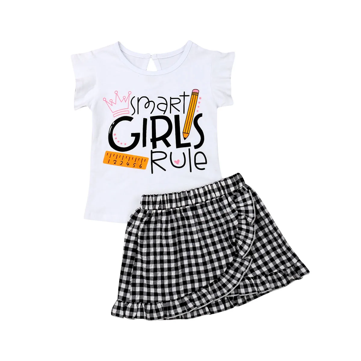 Toddler Baby Girl Clothes Set 2019 New Kids Summer Tops T-shirt + Ruffle Short Plaid Skirts Outfit Children | Детская одежда и