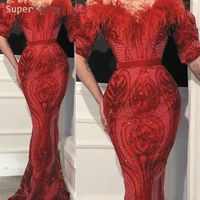 superkimjo red evening dresses mermaid feather luxury sparkly evening gown formal party dresses vestido longo festa de casamento
