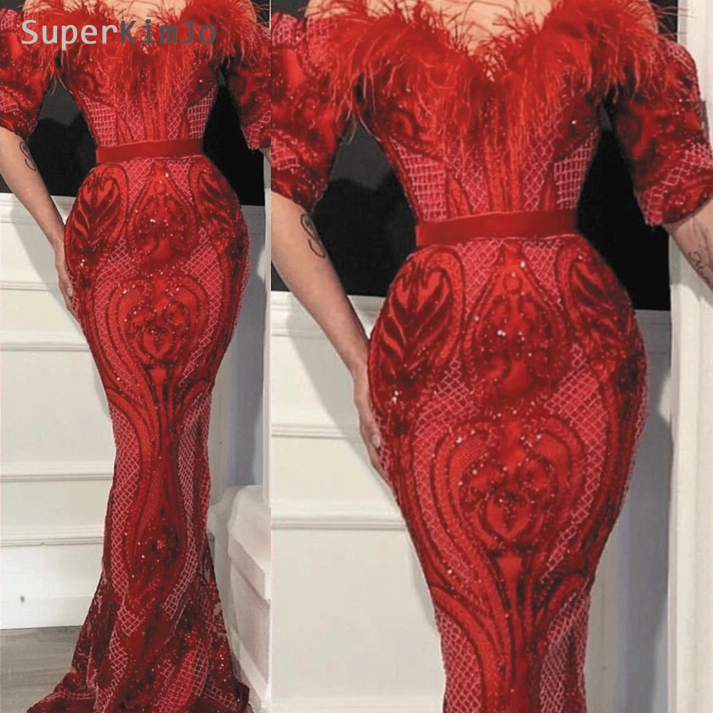 Красное вечернее платье SuperKimJo длинное блестящее Русалочка с перьями и