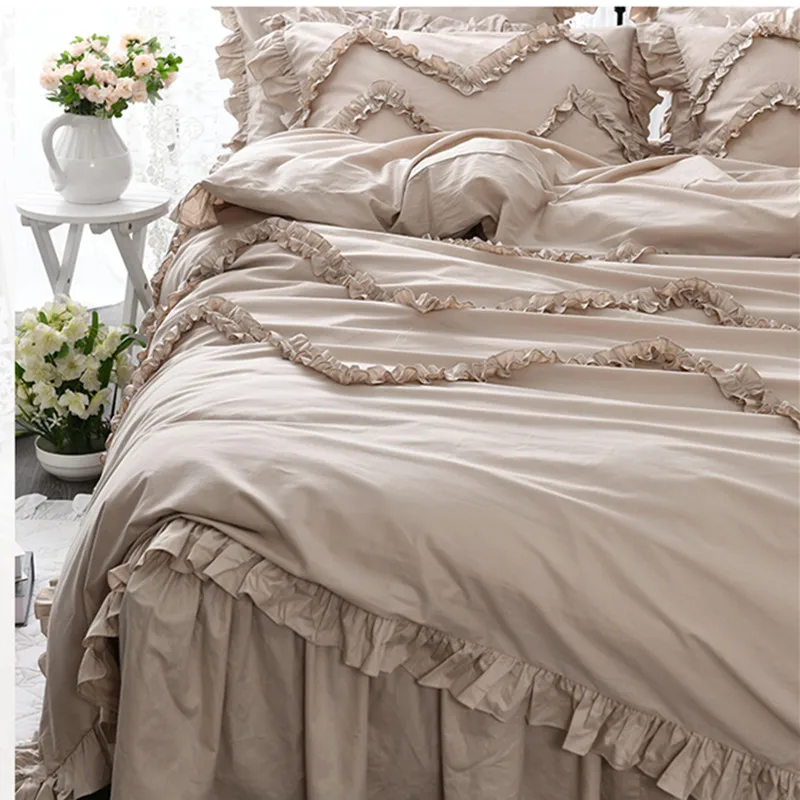 Free shipping Korean pastoral princess cotton ruffles bedding twin full queen king size khaki постельное белье с рюшами YYX |