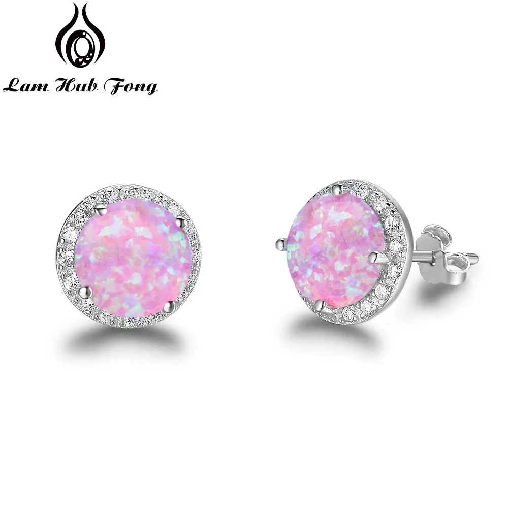 Pink Opal Классические 925 пробы серебряные серьги-гвоздики круглые белые розовые серьги с голубым Опалом С кубическим цирконием ювелирные изделия подарок(Lam Hub Fong - Цвет камня: Pink Opal