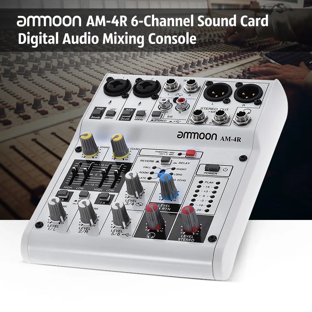 Ammoon AM 4R 6 канальная звуковая карта цифровой аудио миксер встроенный 48В фантомная