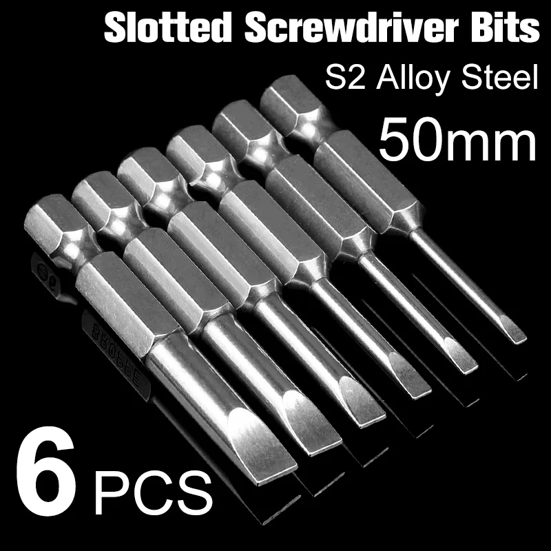 

6pcs 50mm Slotted Screwdrivers Bits 2mm-6mm S2 alloy steel Magnetic Flat Head Slotted Tip Screwdrivers Bits 1/4 Inch Hex Shank