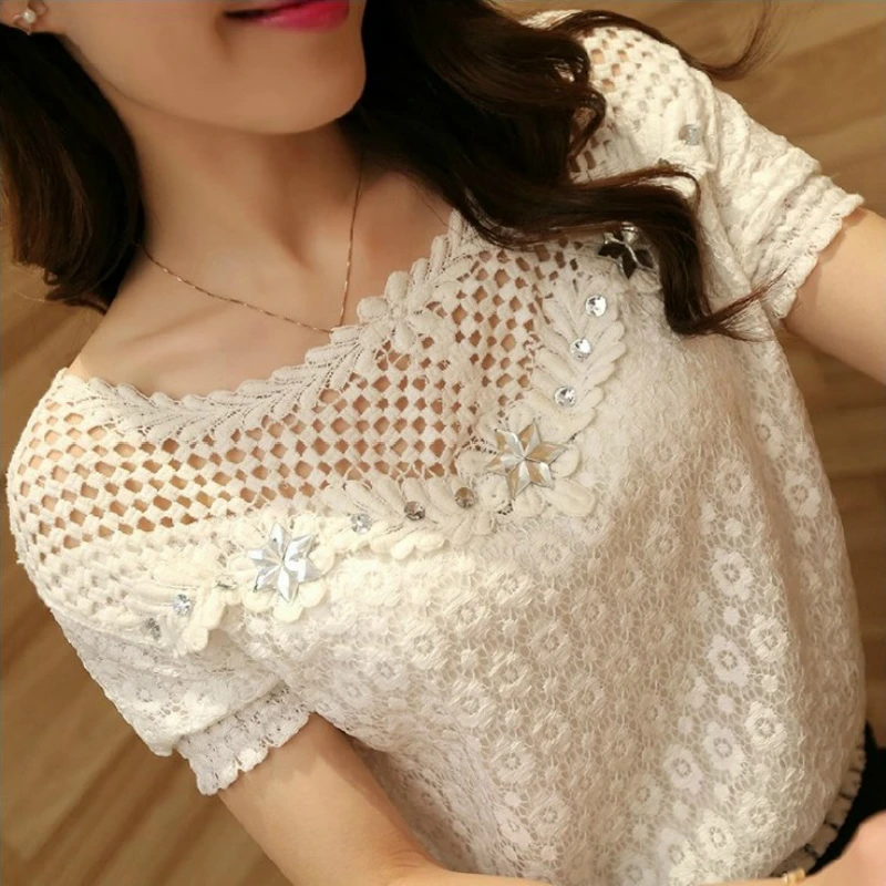 2017 Hot Sell Women Lace Shirt Slim Tops Beaded Embroidery Neck Short Sleeve Hollow Crochet Chiffon Blouse Plus Size |