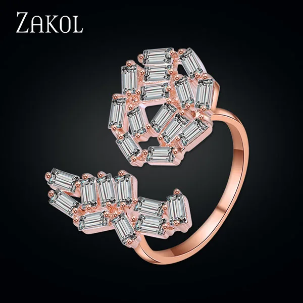 Rose Gold Color ZAKOL эксклюзивные Открытые Кольца прямоугольные трендовые Кластерные украшения для женщин невесты из блестящего циркония кольца FSRP2002 - Цвет основного камня: Rose Gold Color