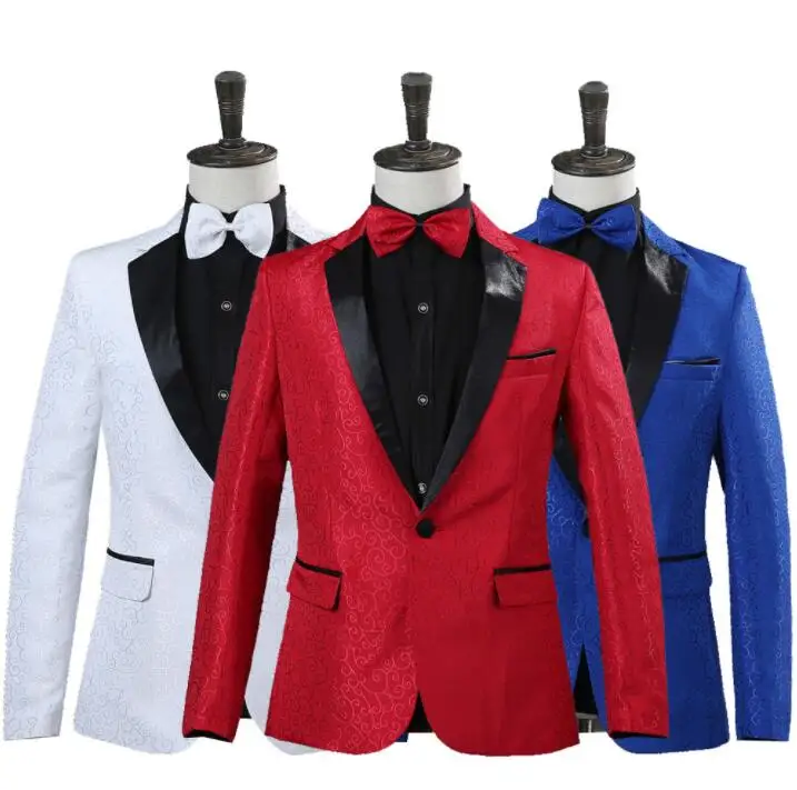 Singer star style dance stage fashion clothing for men groom suit mens wedding suits Dark flower formal dress tie red white blue