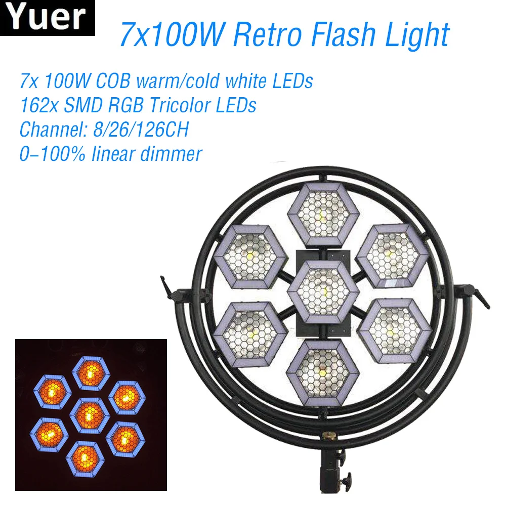 comprar Novo 7*100w Cob Quente/frio Branco Leds Retro Flash Luz 162 Pçs Rgb 3in1 Leds Dmx512 Som Dj Luz De Discoteca Festa Luzes Efeito Palco