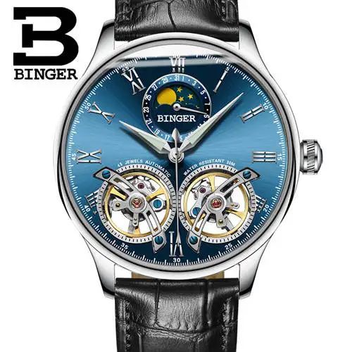 Silv blue B8606A bla Двойной Tourbillon, швейцарские мужские часы, BINGER, оригинальные автоматические часы, мужские Модные механические наручные часы, кожаные часы - Цвет: Silv blue B8606A bla
