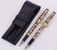 jinhao 5000 black golden fountain pen roller pen with real leather pencil case bag washed cowhide pen case holder writing set