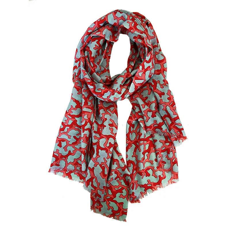 100% fine wool women fashion classic coral red turquoise color printed scarfs shawl pashmina 70x180cm