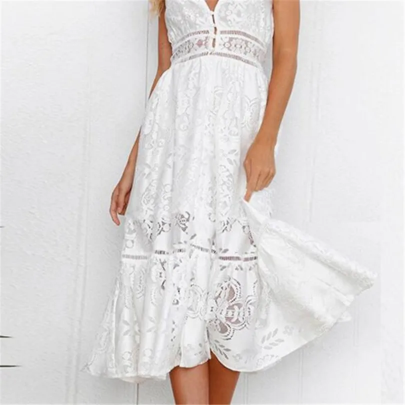 

INDJXND Hollow Out Sexy White Long Dress Women Lace Maxi Dress Summer Party Beach Sleeveless Casual V Neck A-line Lace Dresses