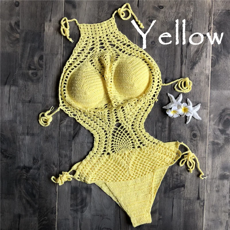 Женский вязаный купальник с бретелькой через шею пикантный открытый Монокини
