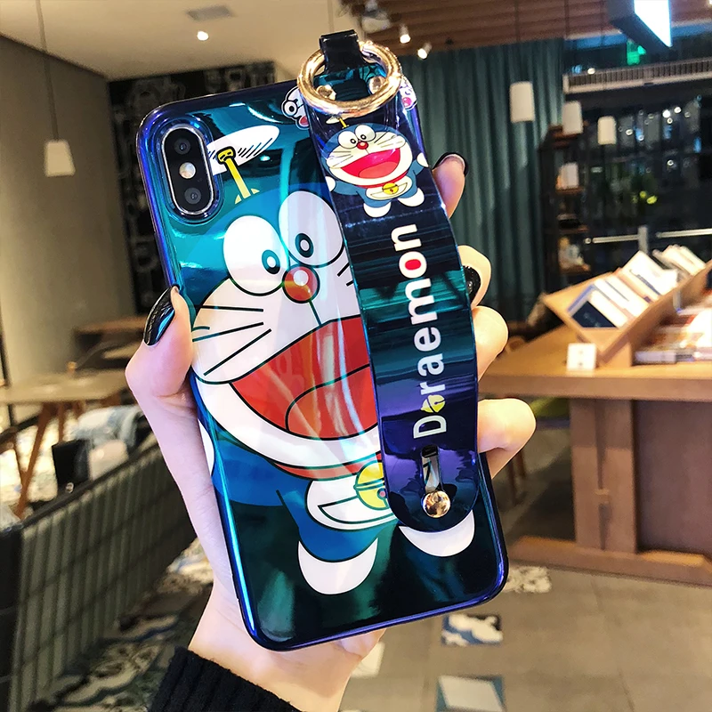 Мягкий чехол из ТПУ с ремешком на запястье для iphone XS max милый Doraemon 8 plus 7 6 S p X XR