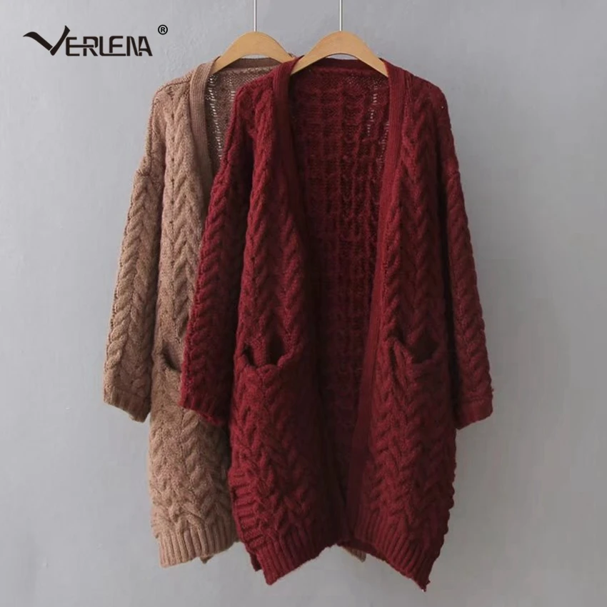 Verlena 2019 длинный кардиган на шнурке женский вязаный Свитер оверсайз с карманами