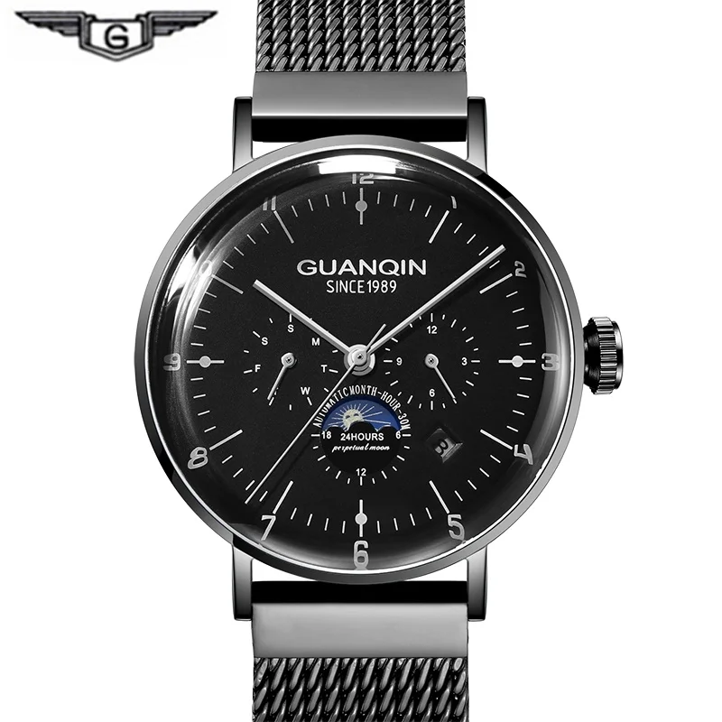 Full black GUANQIN Tourbillon автоматические водонепроницаемые часы, мужские наручные часы со скелетом, мужские механические 3D часы Curver, мужские часы - Цвет: Full black