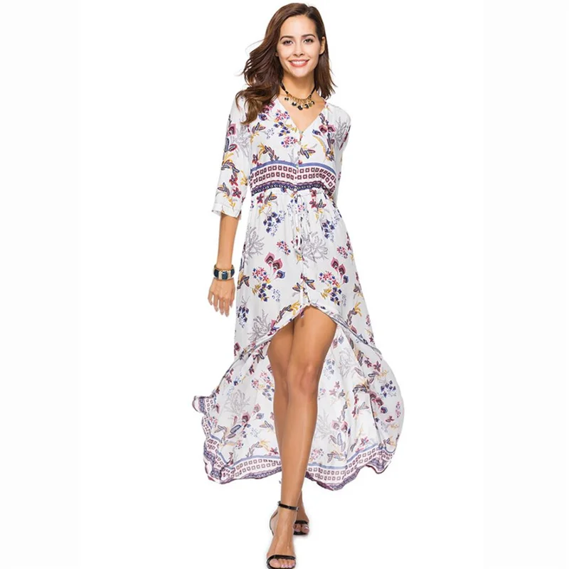 Boho длинное пляжное платье, летнее женское платье-туника на пуговицах, платье с разрезом спереди, купальный костюм, накидка, купальник, юбка, халат De Plage A52 - Цвет: 192